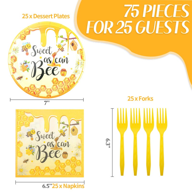HFBOBP 75PCS Bee Decorations for Party, Sweet as Can Bee Paper Plates and Napkins with Forks Disposable Dessert Tableware Parties Favors for Birthday Party Supplies Decorations - Image 3